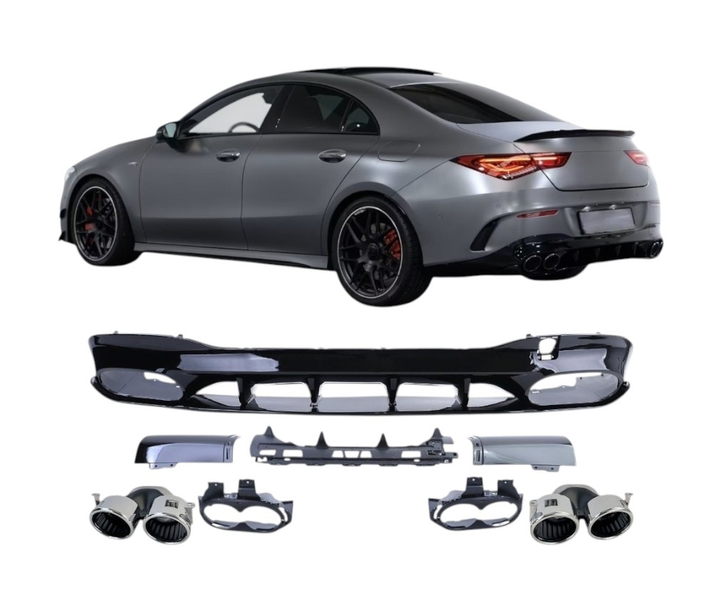 Diffuser Mercedes CLA AMG Line hoogglans zwart met chrome uitlaatstukken